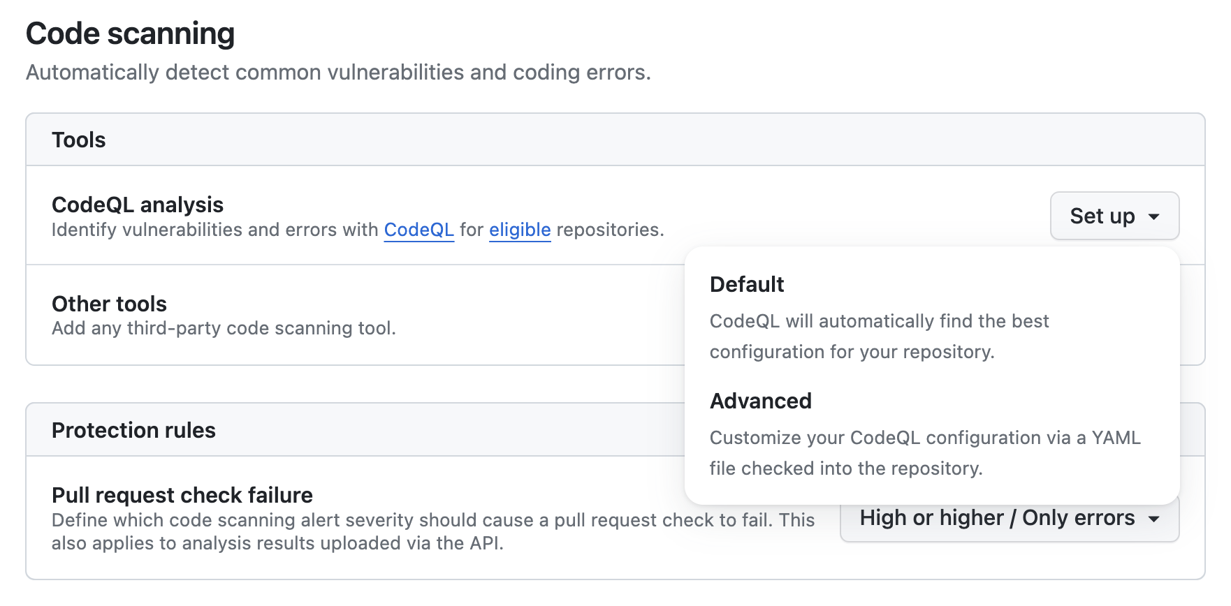 Code scanning dialog in the GitHub settings page